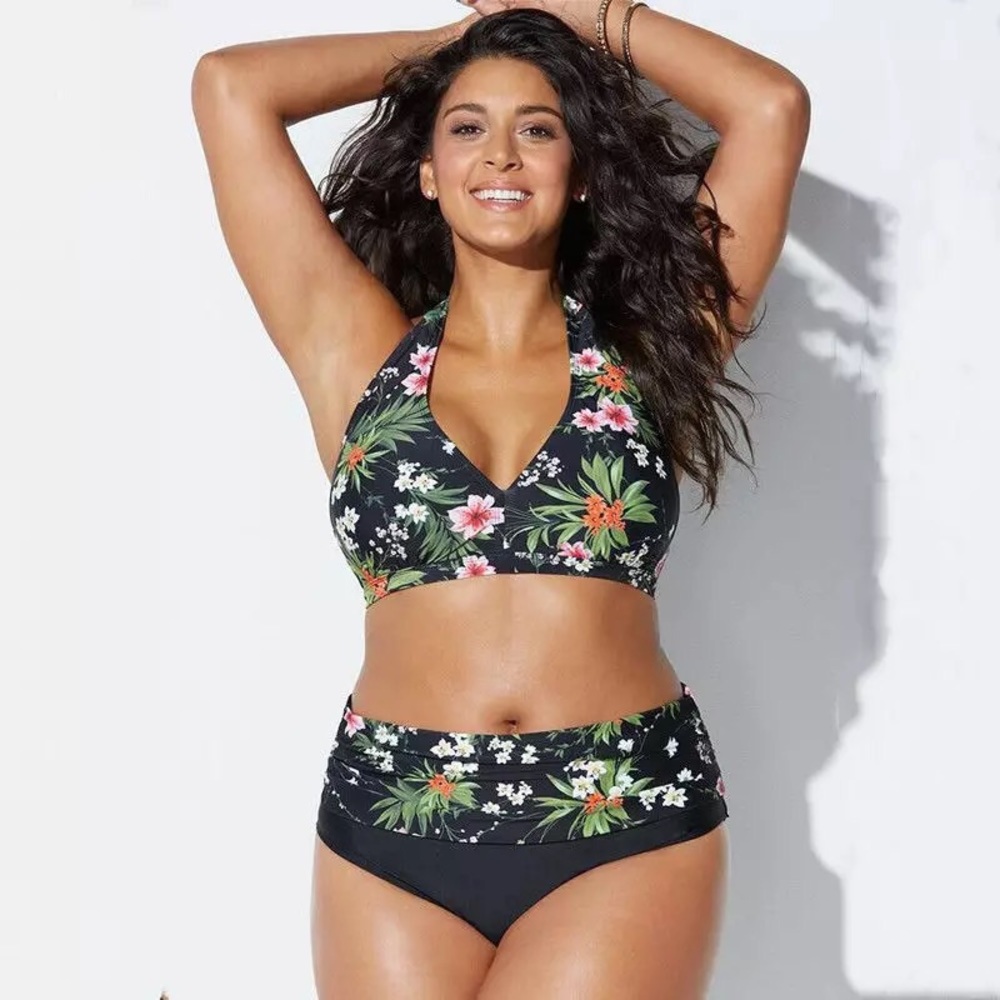 NEW Black Tropical High Waisted 2 Piece Swimsuit